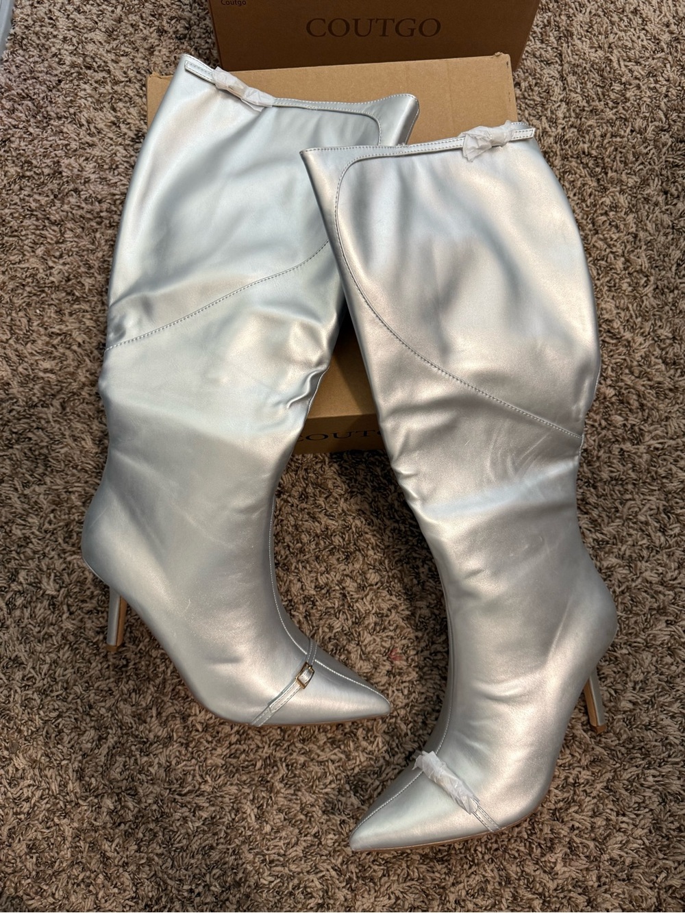 Coutgo Silver Pointed-Toe Knee-High Stiletto Boots - Women's
